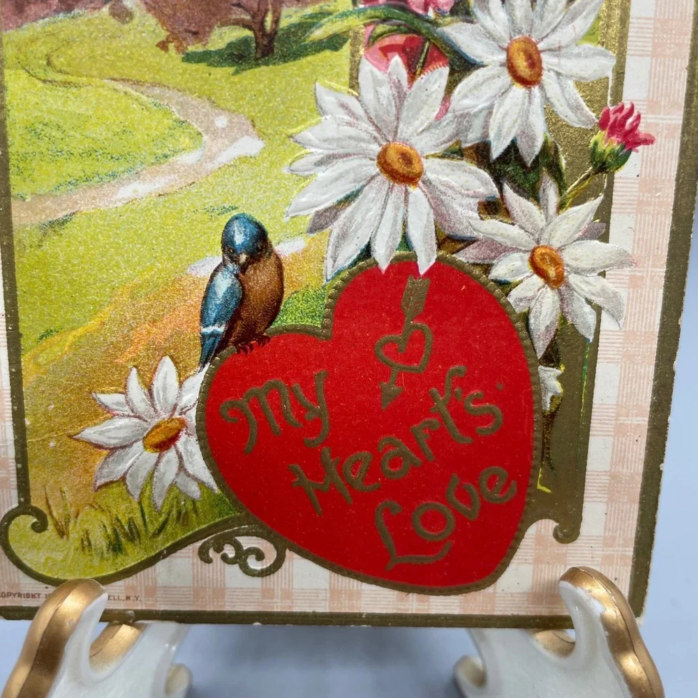 Antique 1910 Valentine Postcard My Heart's Love Bluebird Flowers Embossed Gold